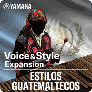 Paquete Voice & Style Expansion Estilos Guatemaltecos de Yamaha: un marimbista con traje típico frente a la bandera de Guatemala