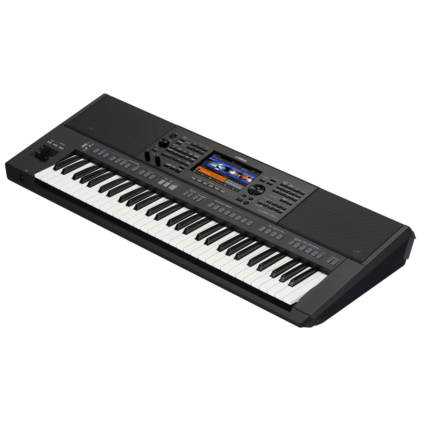 Teclado Yamaha PSR-SX720+ visto en ángulo, con pantalla táctil de 7 pulgadas